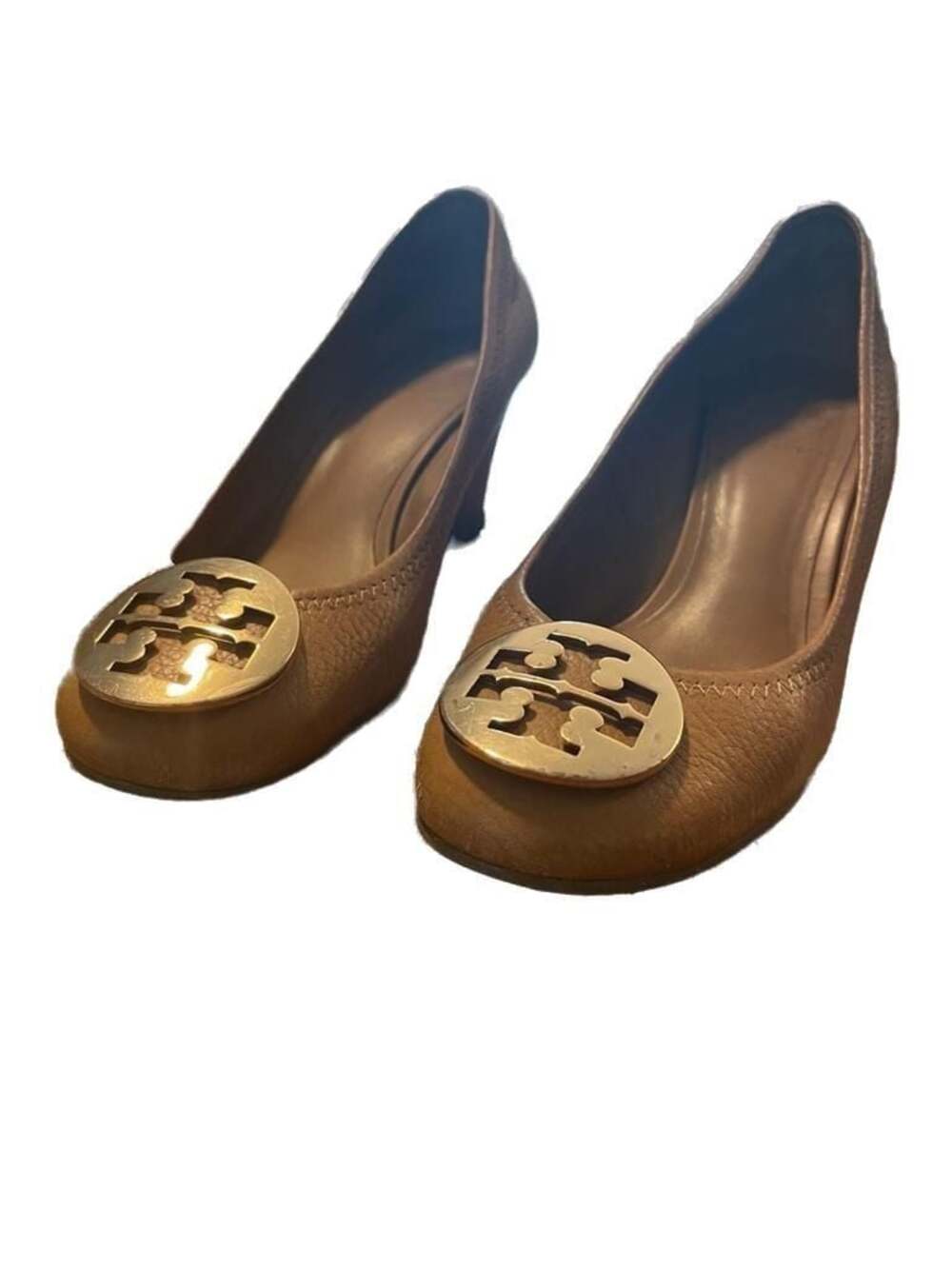 Tory Burch Tan Leather Medallion Wedge Pumps Heels Size 7M "As Is" Parts, Repair - Picture 2 of 11